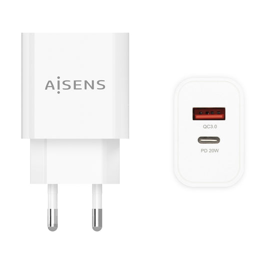 Aisens Carregador 20W USB-C PD3.0 USB-A QC3.0 Branco