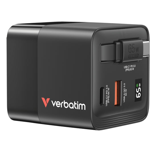 Carregador Verbatim 65W 2 Port mit einfahrbarem Kabel / 32217 preto