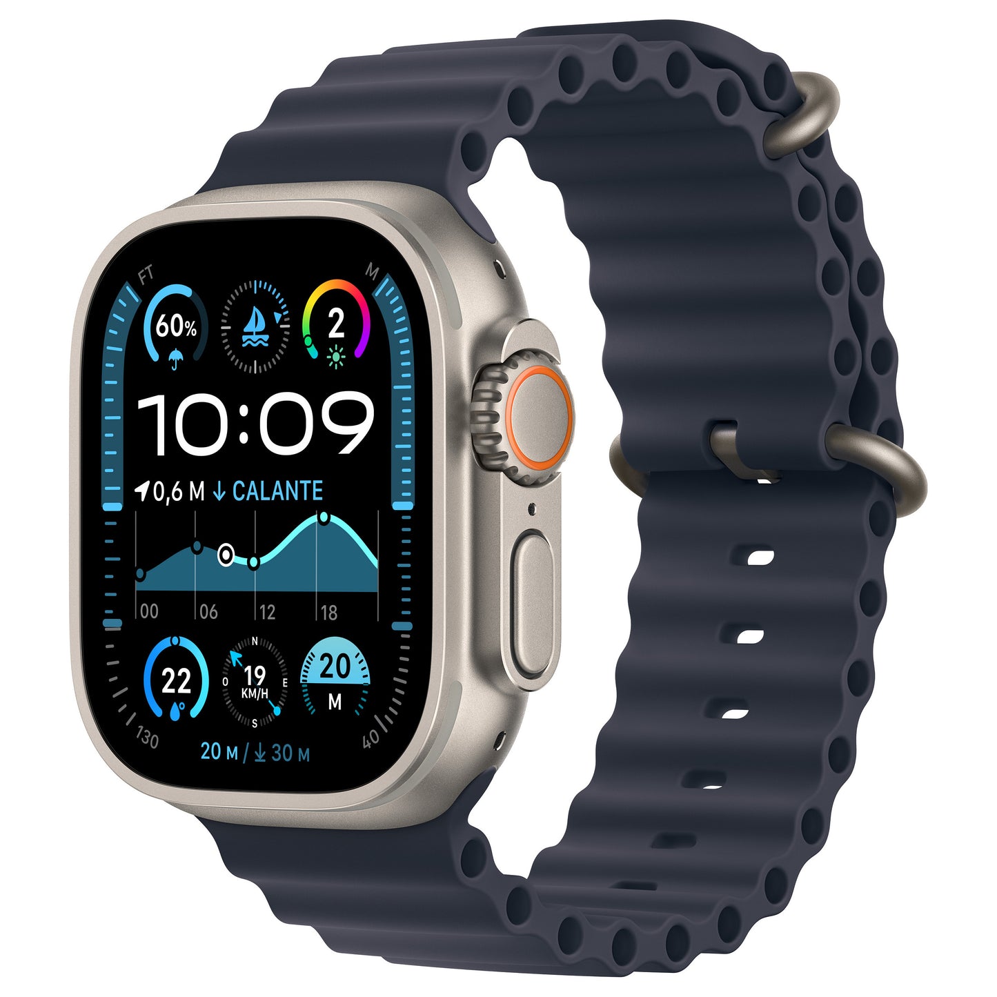 Apple Watch Ultra 2 GPS + LTE 49mm Titânio Natural com bracelete Ocean Azul-marinho