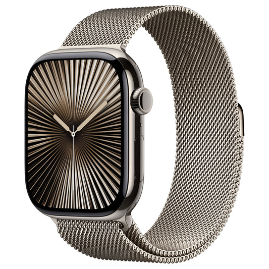 Apple Watch Series 10 GPS + LTE, caixa de titânio natural de 46 mm com pulseira milanesa natural – P/M