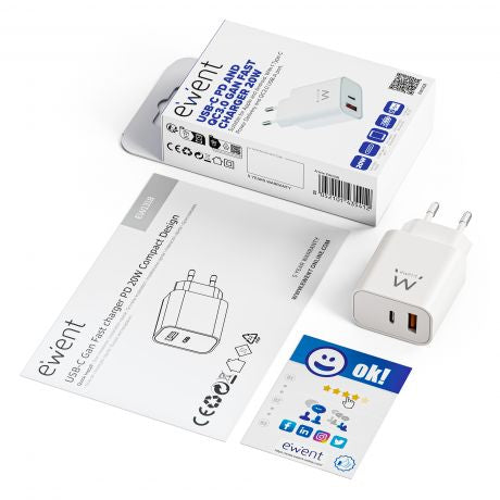 Carregador Ewent EW1318 rápido USB-C PD 20W USB-A QC - imagem 4