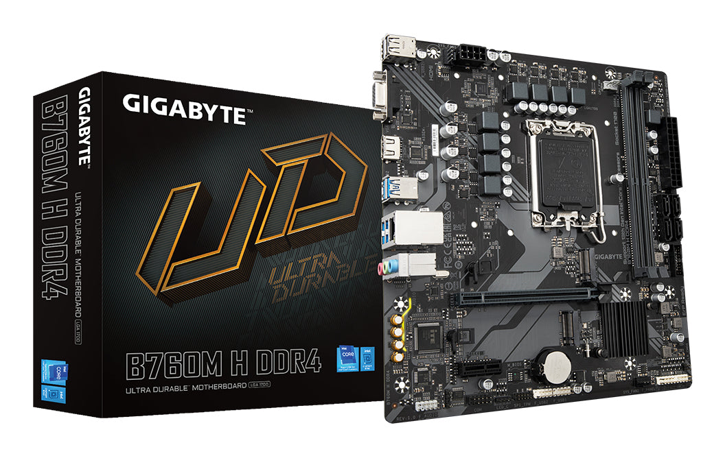 Placa-mãe Gigabyte B760M H DDR4 - Supports Intel Core 14th Gen CPUs, 6+1+1 fases Digital VRM, até 3200MHz DDR4
