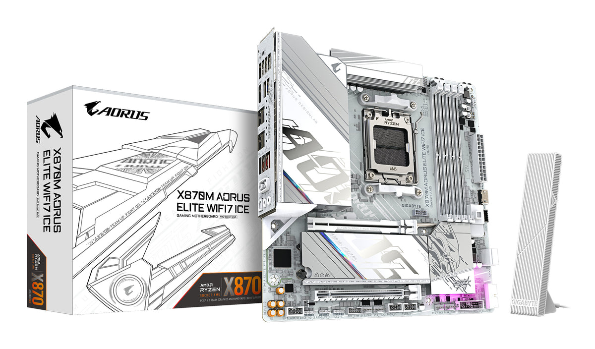 Placa-mãe Gigabyte X870M AORUS ELITE WIFI7 ICE - Supports AMD Ryzen 9000 CPUs, 14+2+2 fases Digital VRM, até