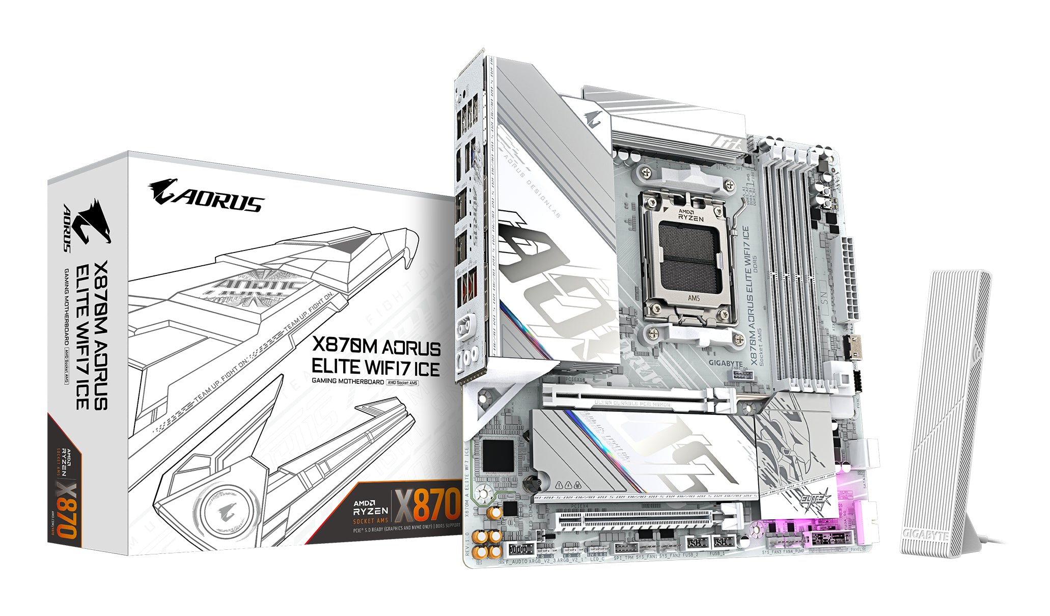 Placa-mãe Gigabyte X870M AORUS ELITE WIFI7 ICE - Supports AMD Ryzen 9000 CPUs, 14+2+2 fases Digital VRM, até