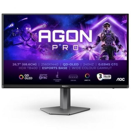 Monitor Gaming AOC AG276QZD2 26,5"/ WQHD/ Multimédia/ 0,03ms/ 240Hz/ QD-OLED/ Ajustável em altura/ Preto