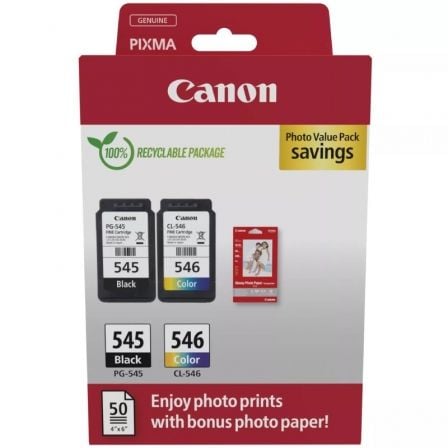 Tinteiro Original Canon PG-545 + CL-546 Multipack/ Preto/ Tricolor + Papel Fotográfico