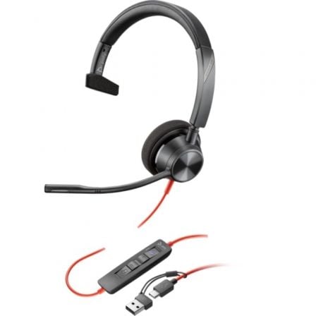 Auscultadores Poly Blackwire 3310 para Microsoft Teams + USB-C/A/ Adaptador com Microfone/ USB Tipo-C / Preto