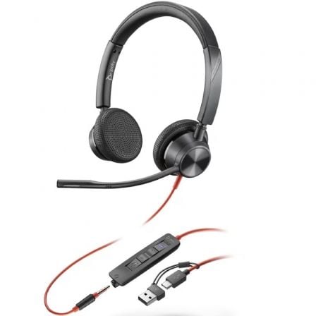 Auscultadores Poly Blackwire 3225 para Microsoft Teams + 3,5mm + Adaptador USB-C/A/ COM ENTRADA MICRO/, 3,5