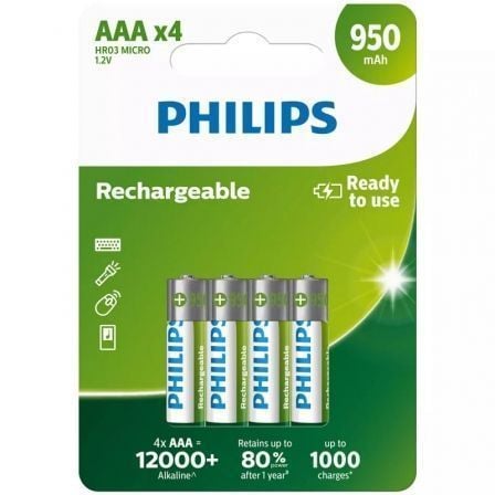 Pack de 4 Pilhas AAA Philips R03B4A95/10 / 1.2V / Recarregáveis