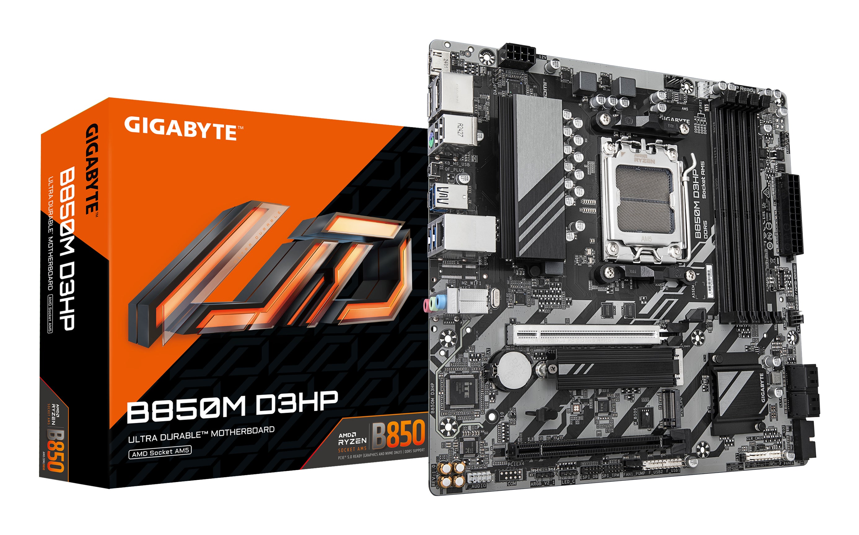 Placa-mãe Gigabyte B850M D3HP - AMD Ryzen 9000 Série CPUs, 5+2+2 fases Digital VRM, até 8200MHz DDR5 (OC)