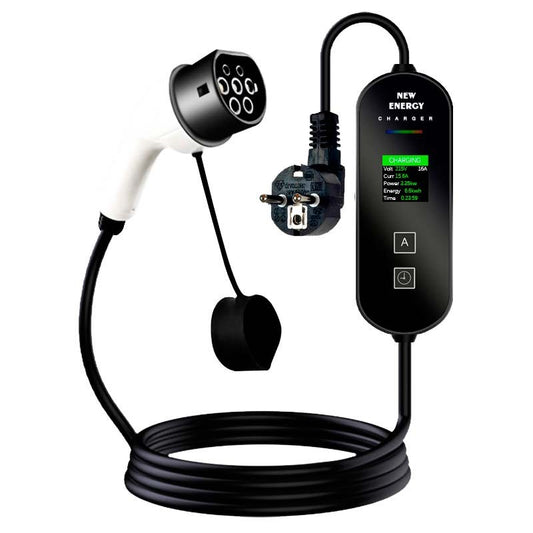 Carregador elétrico tipo 2 visor LCD - Cabo 16A/3,5KW/5M com ficha Schuko