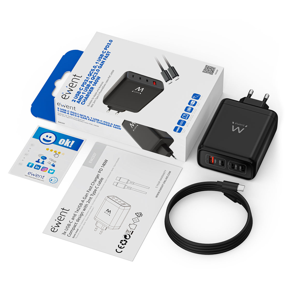Carregador para Portátil Ewent USB 140W GaN Fast 4-Portas 2m - imagem 3
