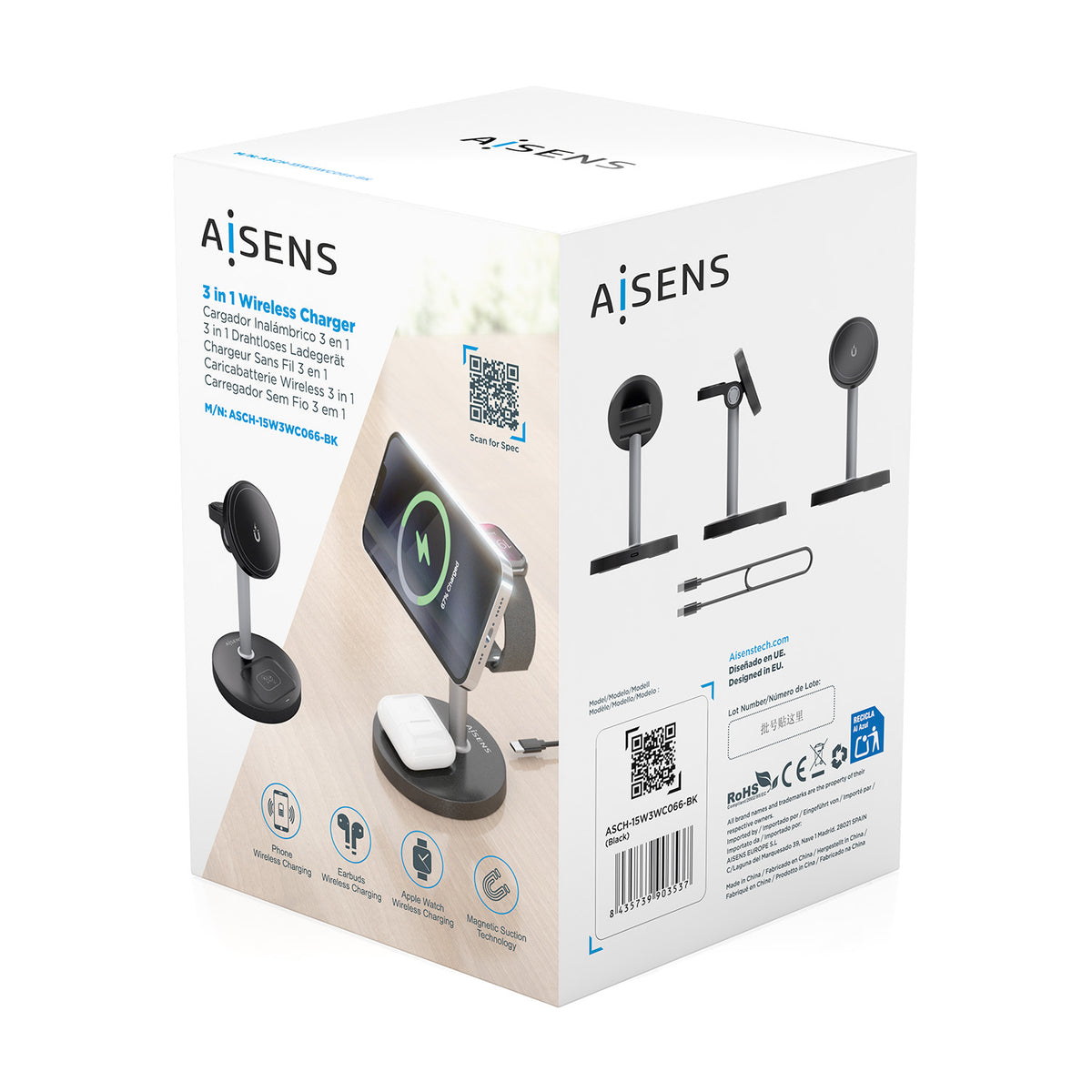 Carregador sem Fios Aisens USBC 15W 3 em 1 Preto - imagem 10