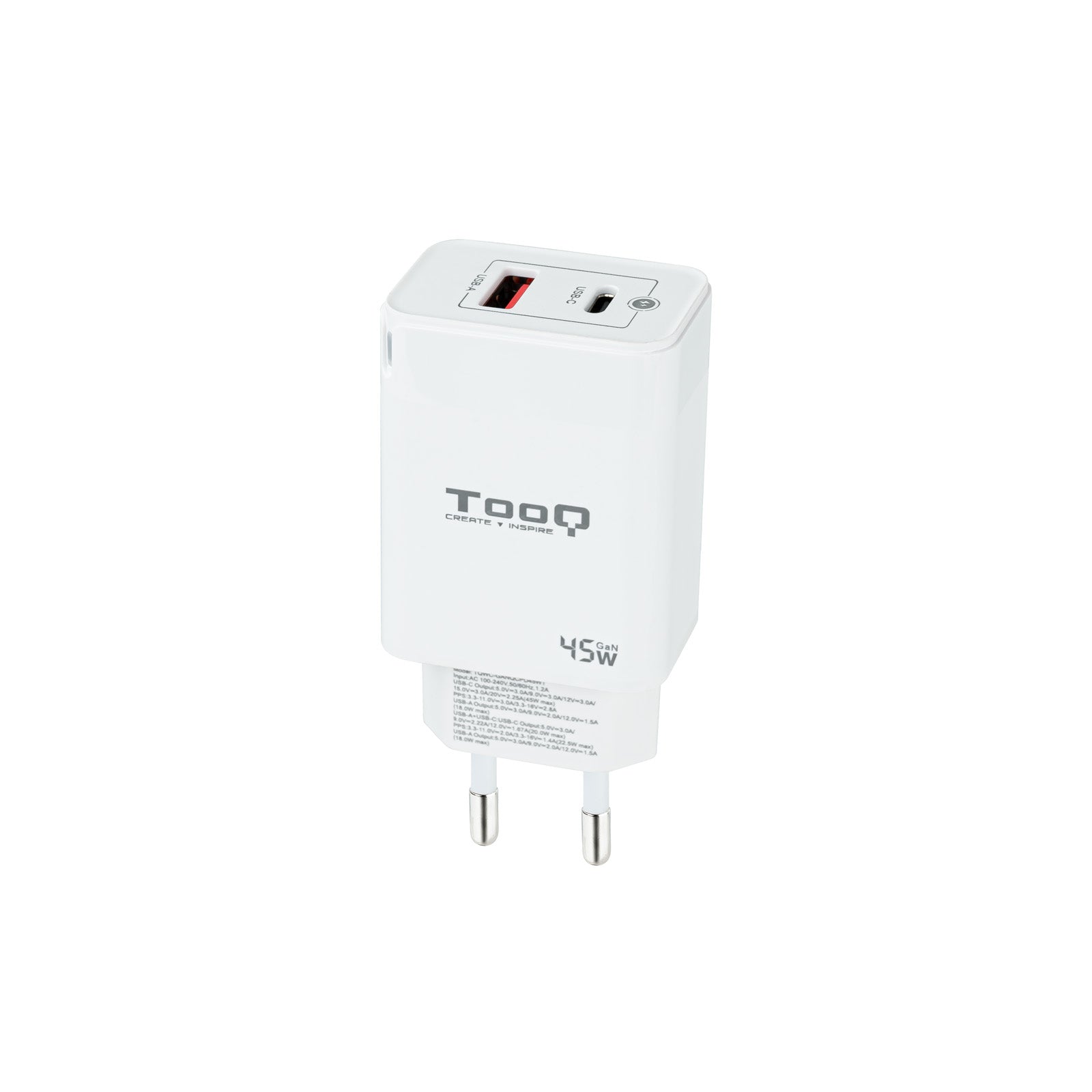 Tooq Carregador Parede GAN USB-C/PD+USB-A/QC 45W