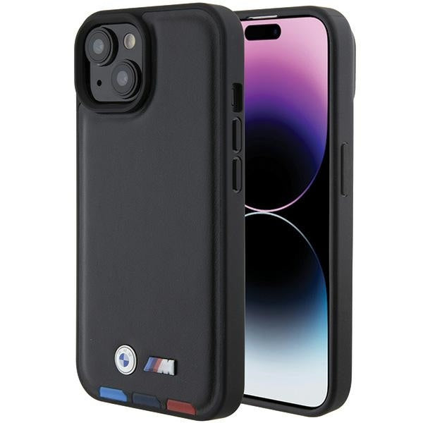 Capa BMW BMHCP15S22PTDK | iPhone 15 6.1" | Couro preto tricolor
