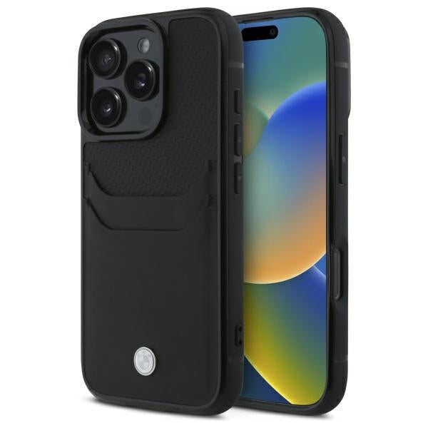 Capa BMW BMHCP16X22RSEPK | iPhone 16 Pro Max 6.9" | Rígida preta com placa de couro e slot para cartão