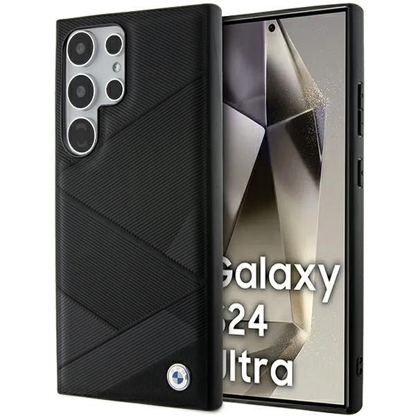 Capa BMW Signature de couro com padrão de linhas cruzadas para Samsung Galaxy S24 Ultra preta