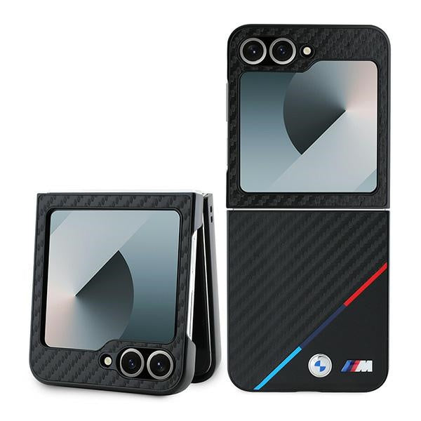 Capa BMW BMHCZF623PUDTK para Samsung Galaxy Z Flip6 (F741) – hardcase carbono tricolor preta