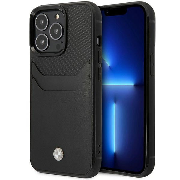 Capa BMW BMHCP14L22RSEPK | iPhone 14 Pro 6.1" | Couro preto com compartimento para cartão