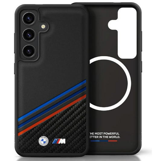 Capa BMW de couro com listras tricolores cruzadas MagSafe para Samsung Galaxy S25 preta