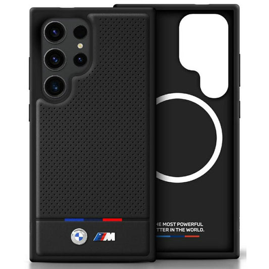 Capa BMW de couro com listra tricolor MagSafe para Samsung Galaxy S25 Ultra preta