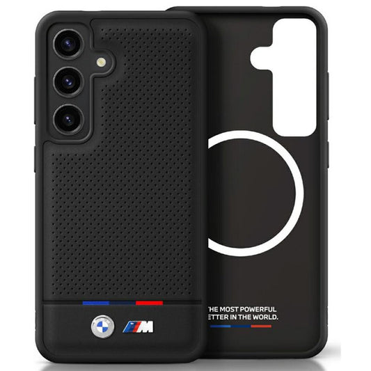 Capa BMW de couro com listra tricolor MagSafe para Samsung Galaxy S25 preta