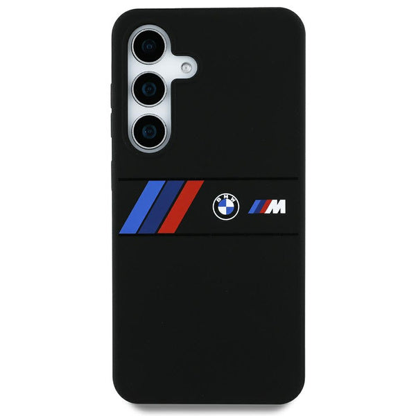 Capa BMW de silicone com listras tricolores centrais MagSafe para Samsung Galaxy S25 Ultra preta