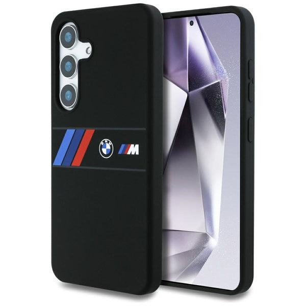 Capa BMW de silicone com listras tricolores centrais MagSafe para Samsung Galaxy S25 preta