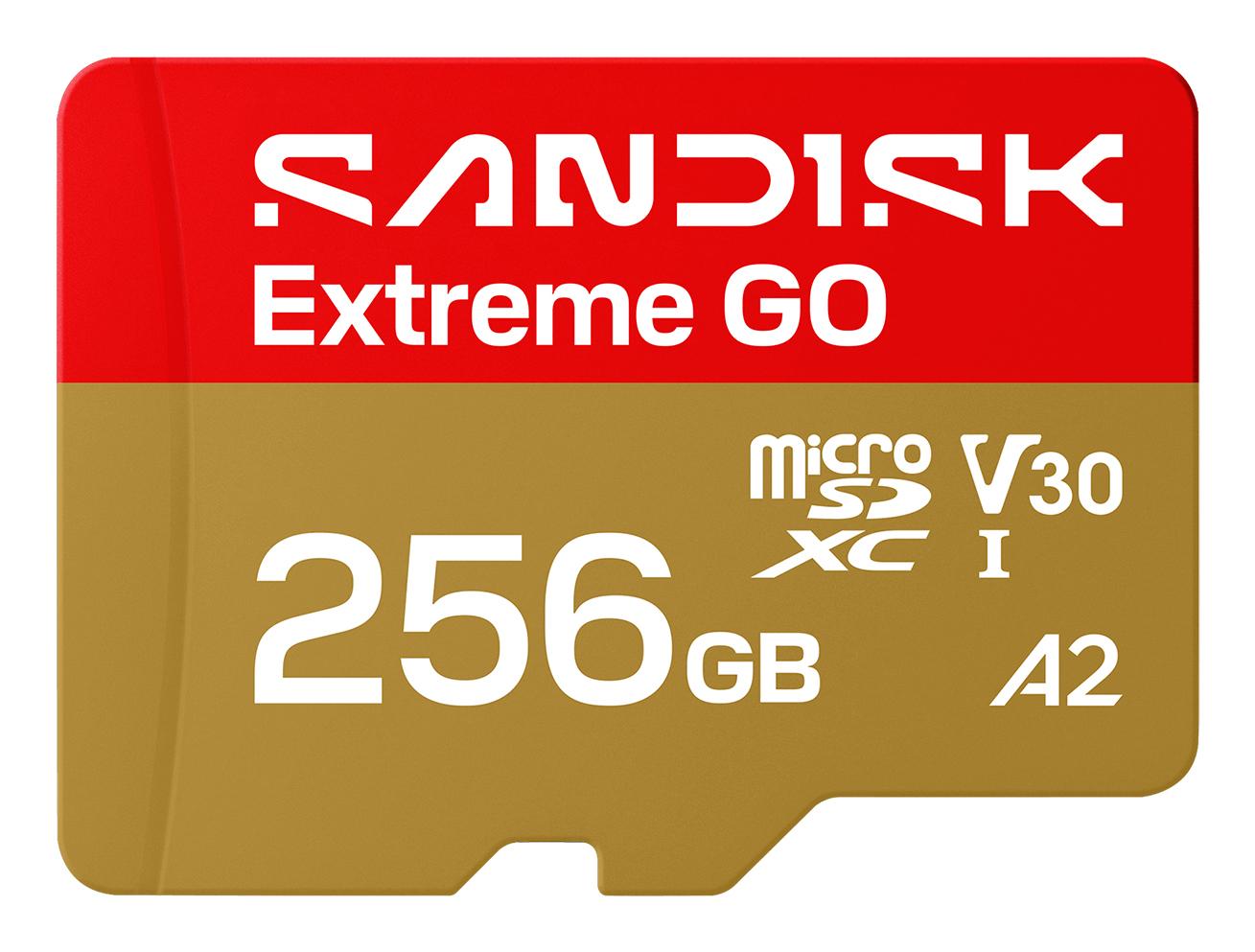 Cartão de Memória SanDisk Micro Cartão SD Extreme GO 256GB / SDSQXGN-256G-GN6MN Gold, vermelho