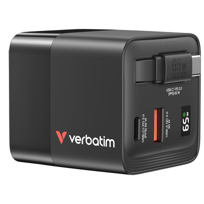 Carregador Verbatim 65W 2 Port mit einfahrbarem Kabel / 32217 preto