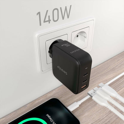 Carregador de parede Aisens GaN ASCH-140W3P031-BK/ 2xUSB Tipo-C/ 1xUSB/ 140W