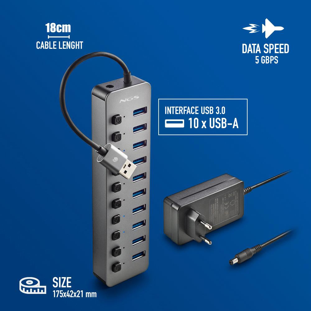 Hub USB NGS IHUB10/ 10xUSB 3.0/ Cinzento