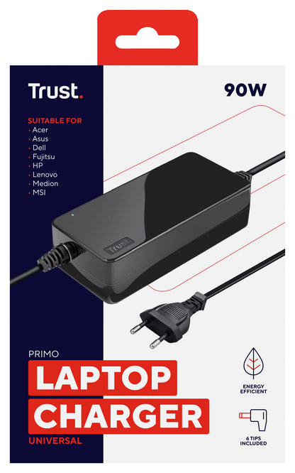 Carregador de portátil Universal Trust Primo 22142 / 90W/ automático / 6 conectores / 18-20V de tensão