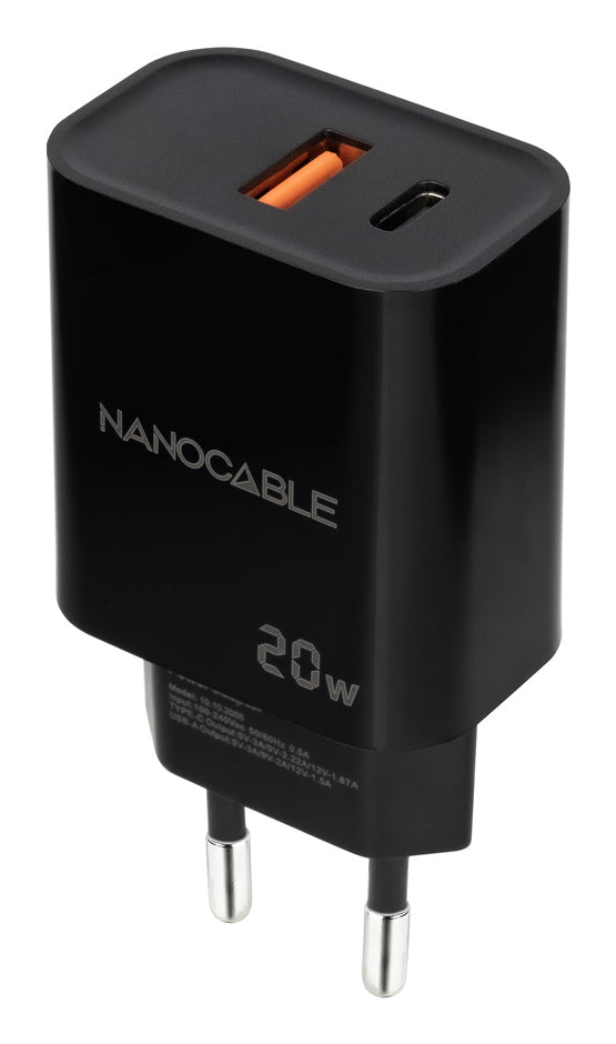 Nanocable Carregador USB-C/PD+USB-A/QC 20W Preto