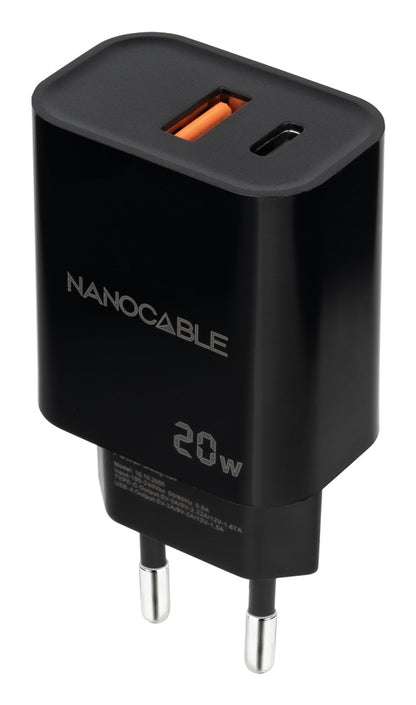 Nanocable Carregador USB-C/PD+USB-A/QC 20W Preto