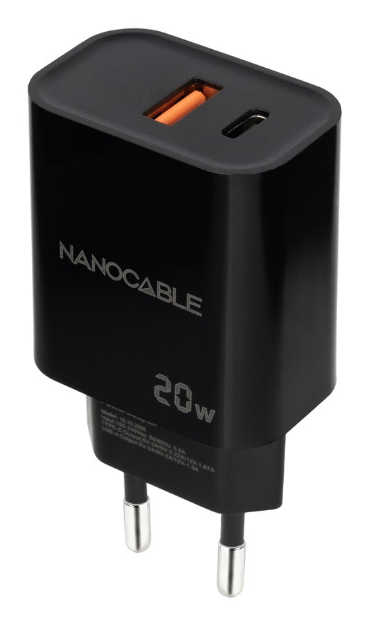 Nanocable Carregador USB-C/PD+USB-A/QC 20W Preto