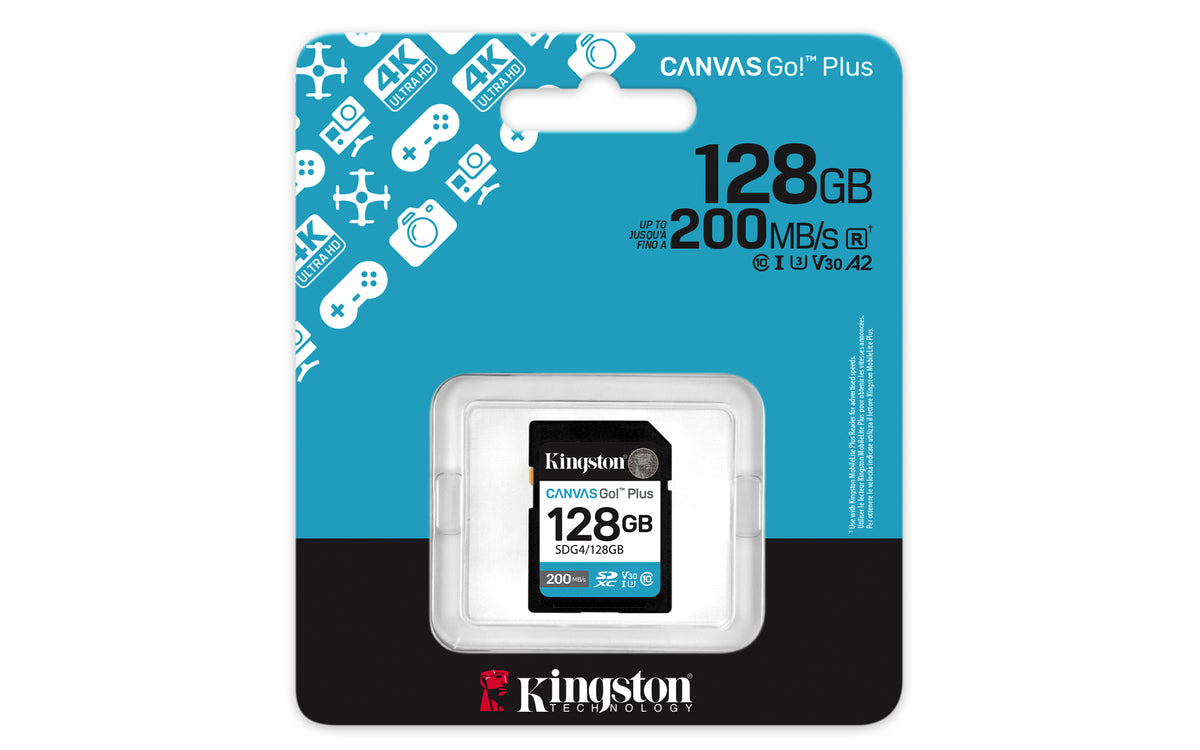 Memória RAM Kingston CANVAS Vai! Além disso, 128GB cartão de SD XC/ Classe 10/ 200MBs