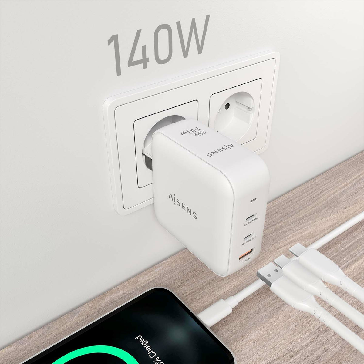 carregador de Pared GaN Aisens ASCH-140W3P030-W/ 2xUSB Tipo-C/ 1xUSB/ 140W