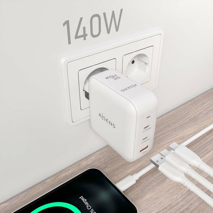 carregador de Pared GaN Aisens ASCH-140W3P030-W/ 2xUSB Tipo-C/ 1xUSB/ 140W