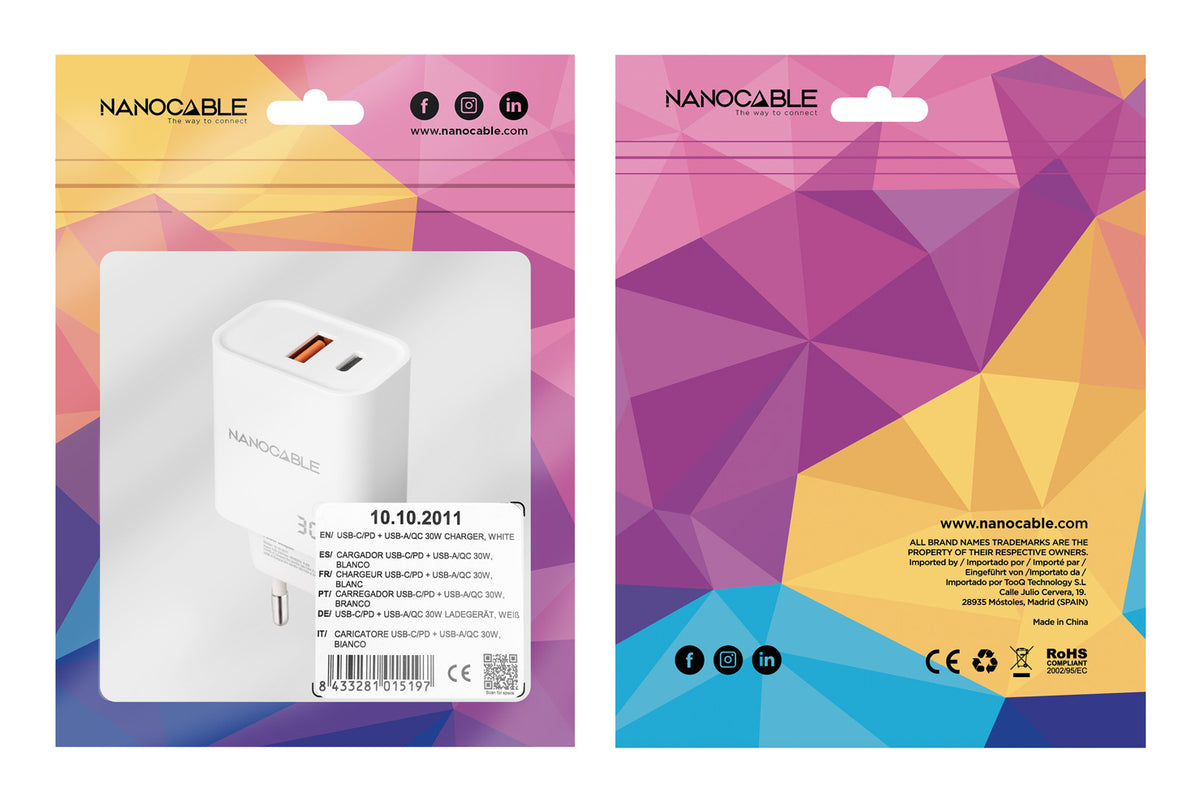 Carregador Nanocable USB-C/PD+USB-A/QC 30W Branco - imagem 5