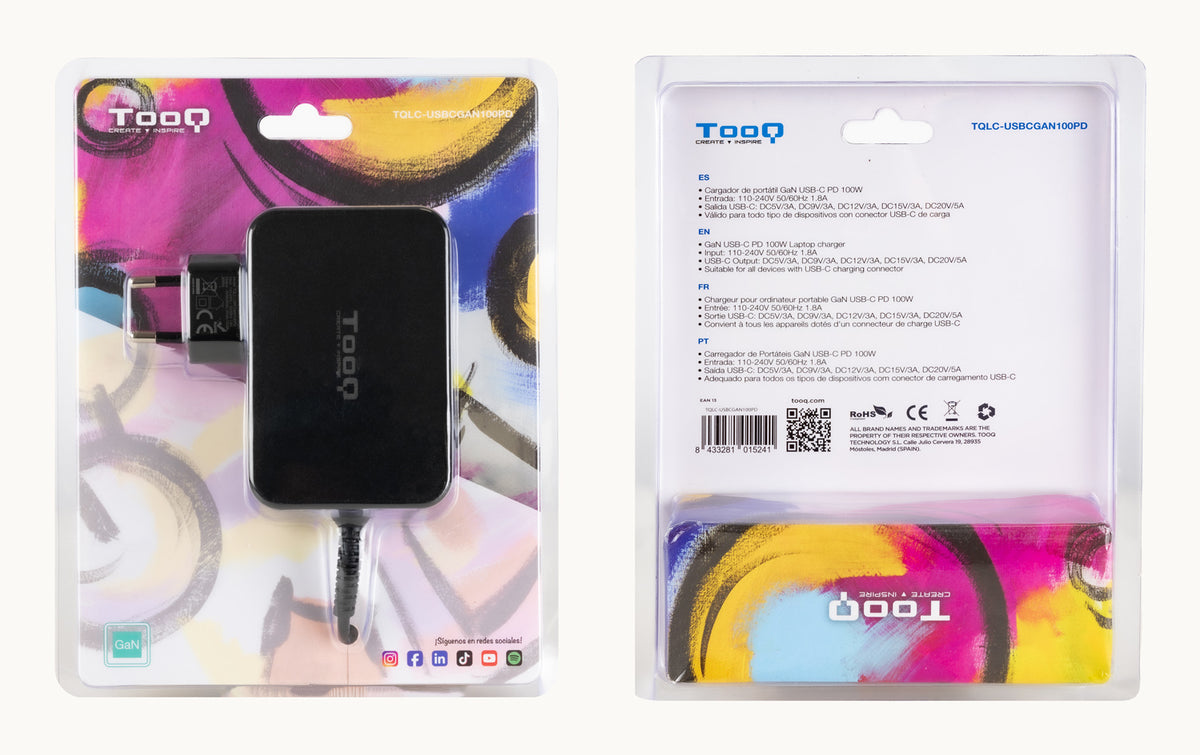 Carregador para Portátil Tooq GAN USB-C PD 100W Preto - imagem 8