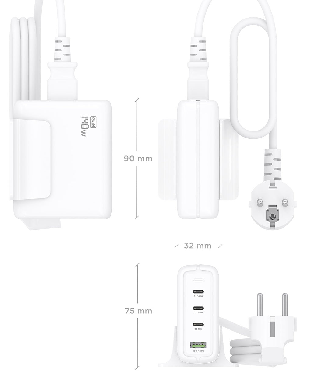 Carregador de secretária Aisens GaN ASCH-140W4P055-W/ 3xUSB Tipo-C/ 1xUSB/ 140W