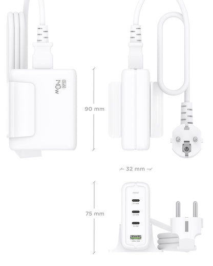 Carregador de secretária Aisens GaN ASCH-140W4P055-W/ 3xUSB Tipo-C/ 1xUSB/ 140W