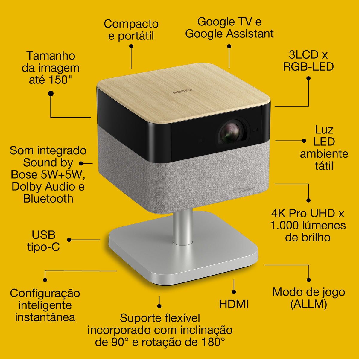 Projetor Epson Lifestudio Flex EF-72 / V11HB76640 preto, oak, prateado - imagem 7