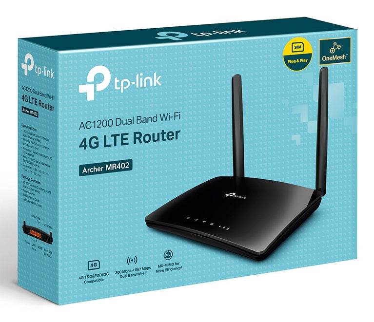Router sem fios 4G TP-Link Archer MR402 1200Mbps/ 2.4GHz 5GHz/ 2 Antenas/ WiFi 802.11ac/n/a/b/g/n