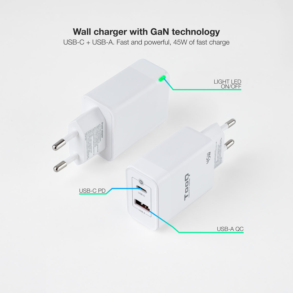 Carregador de Parede Tooq GAN USB-C/PD+USB-A/QC 45W - imagem 4