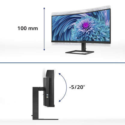 Philips 346E2CUAE 34" Monitor Curvo Ultrawide Profissional / UWQHD / Multimédia / Ajustável em altura