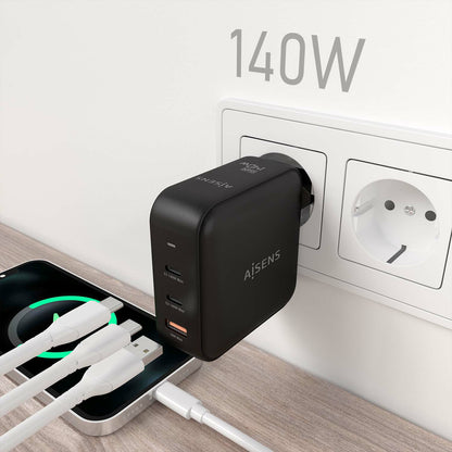 Carregador de parede Aisens GaN ASCH-140W3P031-BK/ 2xUSB Tipo-C/ 1xUSB/ 140W
