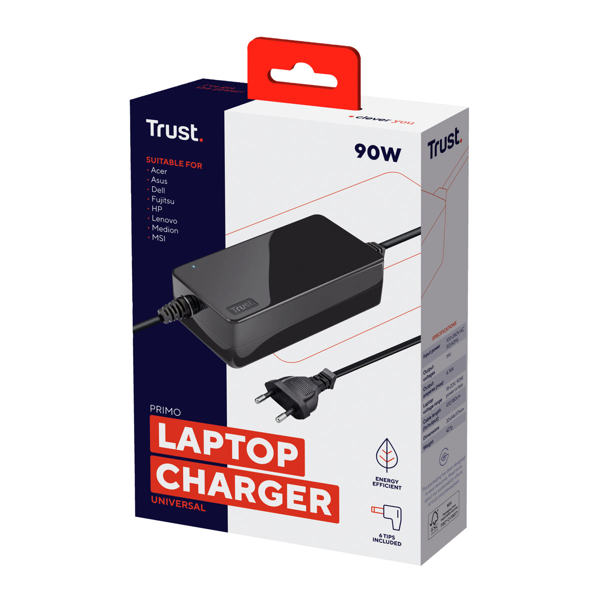 Carregador de portátil Universal Trust Primo 22142 / 90W/ automático / 6 conectores / 18-20V de tensão