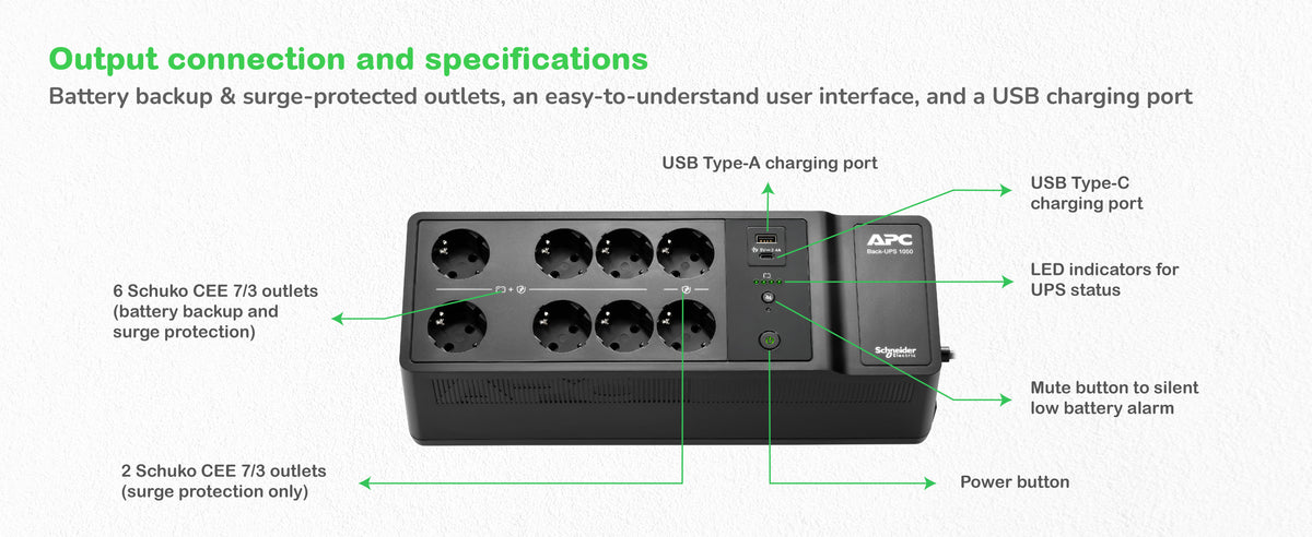 UPS APC Back-UPS 1050VA/600W 8 tomas Schuko USB A+C - imagem 9